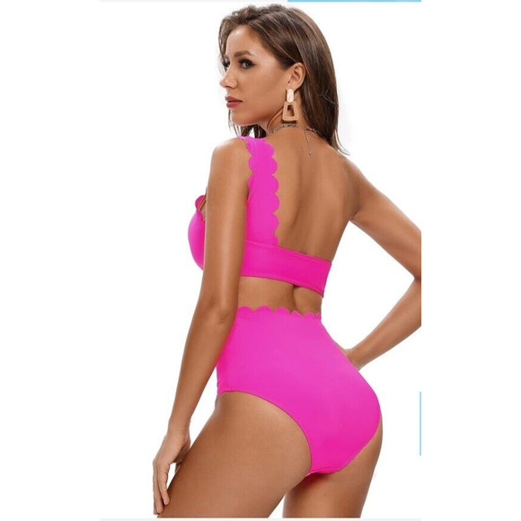 Womens 2 Piece One Shoulder Swimsuit Size Small Hot Pink High Waist - Picture 3 of 16
